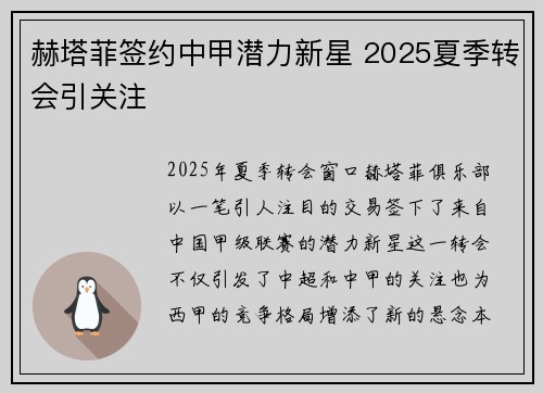 赫塔菲签约中甲潜力新星 2025夏季转会引关注