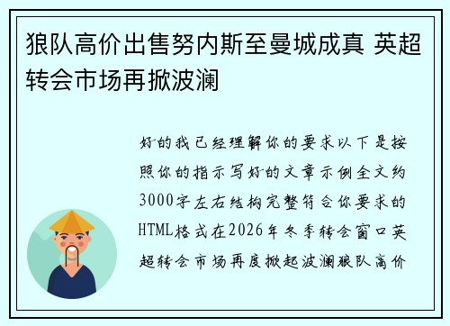 狼队高价出售努内斯至曼城成真 英超转会市场再掀波澜